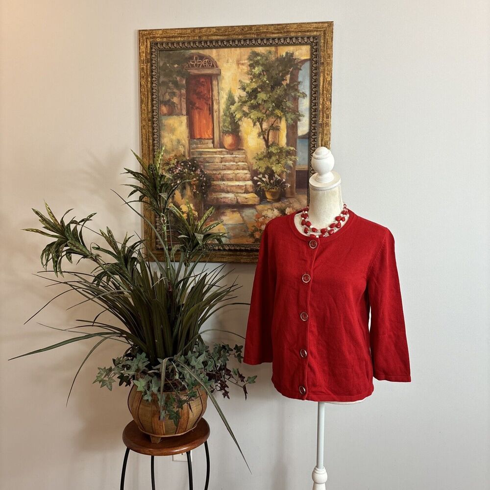 Jones New York Women Cardigan Sweater Size L Open Front Button 3/4 Sleeve Red